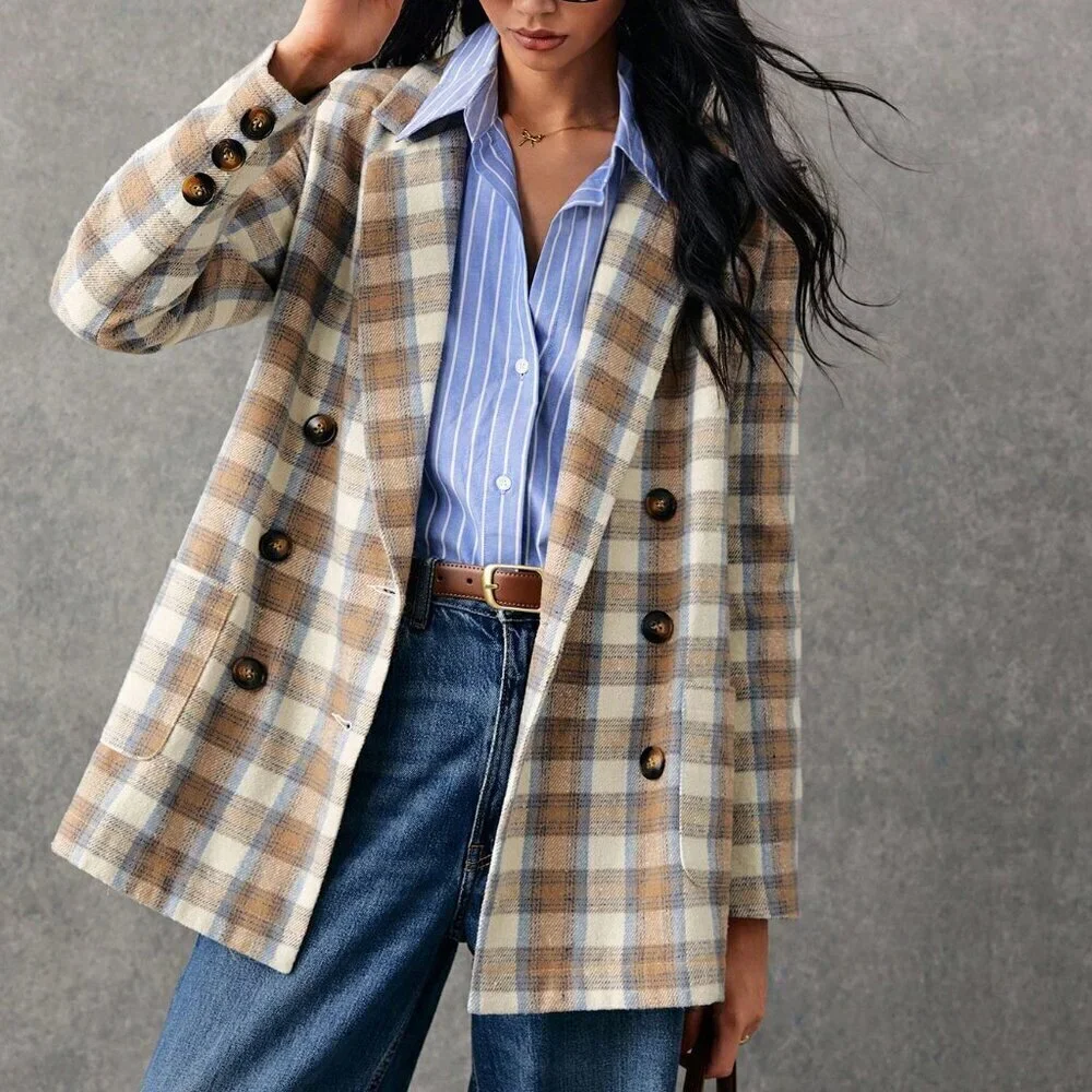 Multicolor Casual Women's Plaid Print Double-Breasted Long Sleeve Blazer Jacket